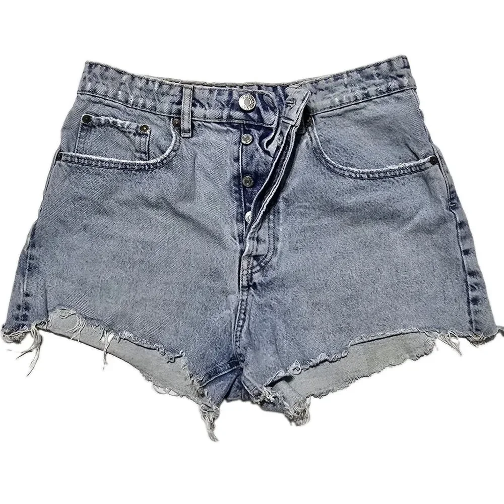 Zara Women's 8 High Rise Button Fly Distressed Frayed Denim Shorts